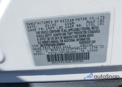 2022 Nissan Kicks Sv Xtronic Cvt из США, поврежденный, VIN 3N1CP5CV6NL509584